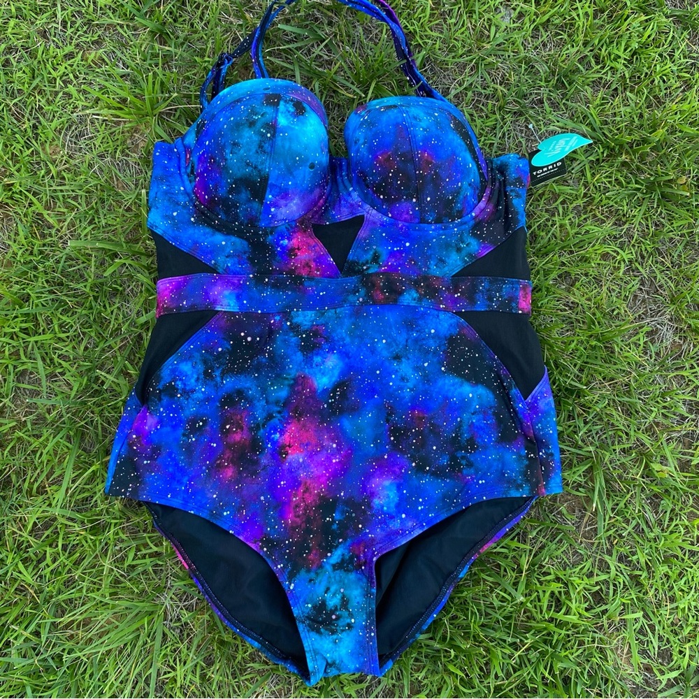 Torrid Vixen One Piece Swim Bathing Suit Shapewear Galaxy Push Up Bra Mesh NWT